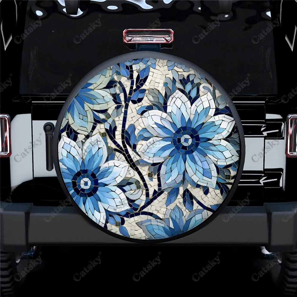 Blue And White Floral Polyester Universal Spare Wheel Tire Cover Wheel