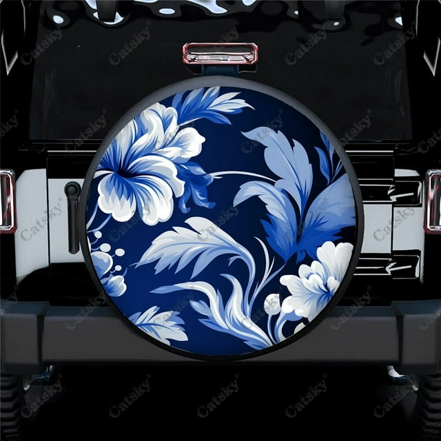 Blue And White Floral Polyester Universal Spare Wheel Tire Cover Wheel