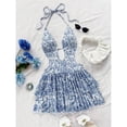 Blue And White Floral Print Deep V Neck Halter Backless Mini Dress With ...