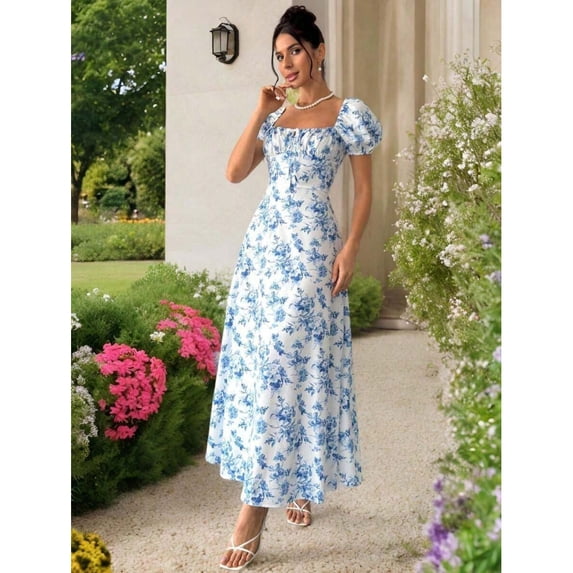 Blue And White Floral Print Square Neck Puff Sleeve Maxi Dress For Women