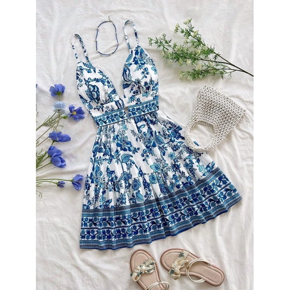 Blue And White Floral Print V-Neck Spaghetti Strap Mini Dress With Cutout Waist And Tiered Skirt