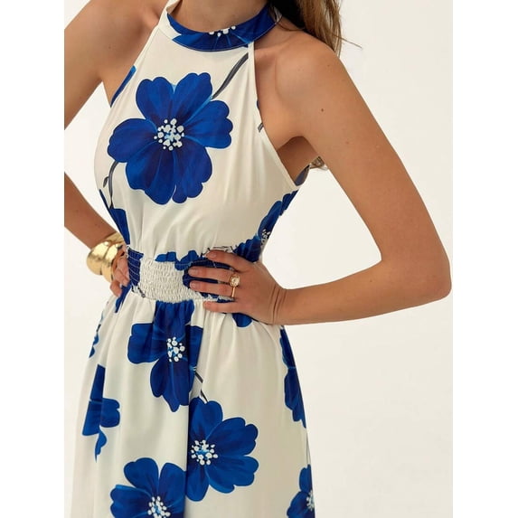 Blue And White Floral Sleeveless Halter Dress With Smocked Waist
