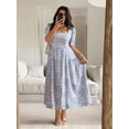 thumbnail image 1 of Blue And White Floral Square Neck Cinched Waist Ruched A-Line Maxi Dress For Women, 1 of 6