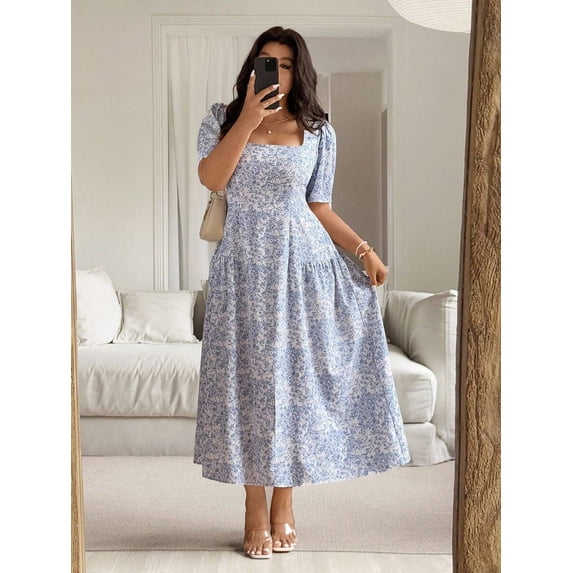 Blue And White Floral Square Neck Cinched Waist Ruched A-Line Maxi Dress For Women
