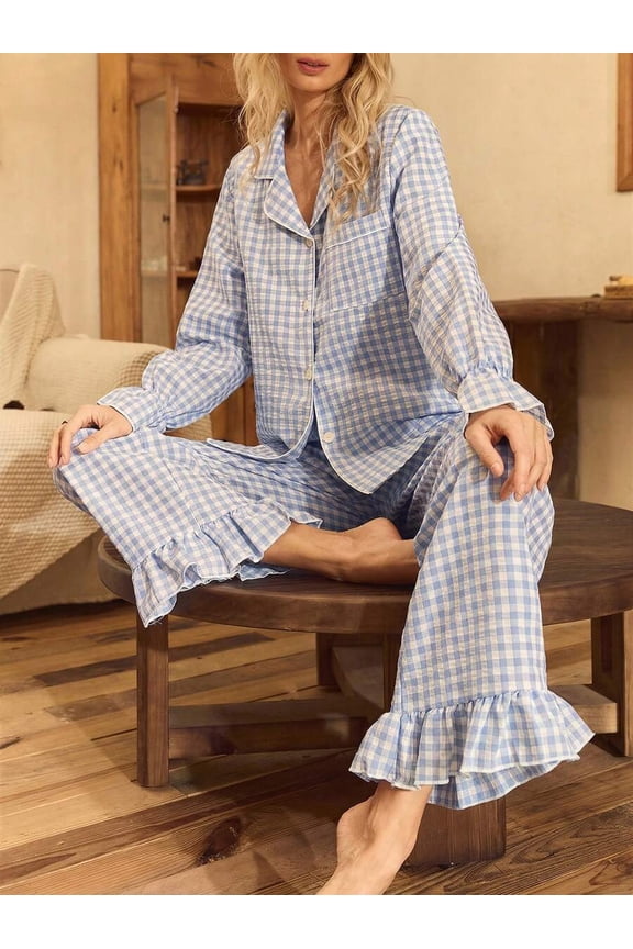 Blue And White Gingham Print Cotton Woven Lantern Sleeve Womens Pajama Set With Ruffle Hem