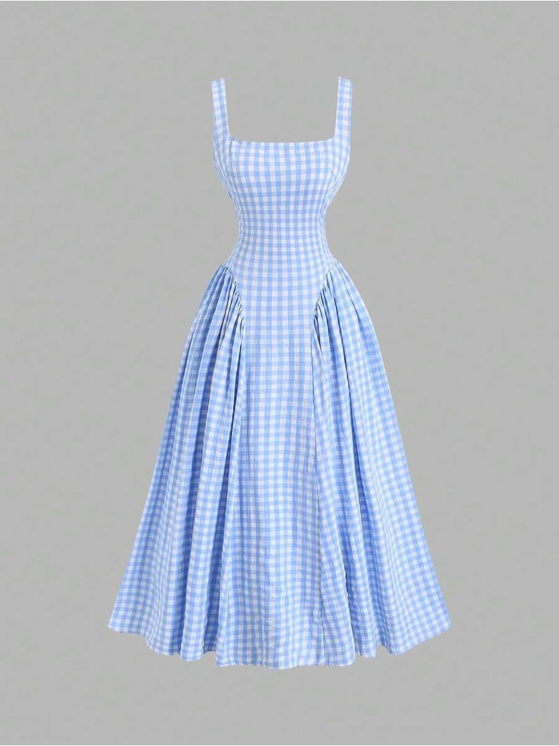 blue and white fit and flare dress Gingham Square Neck & Midi Shell 100% Cotton Post Surgery LIONESS Dolce Mini Dress Color:sky blue dot