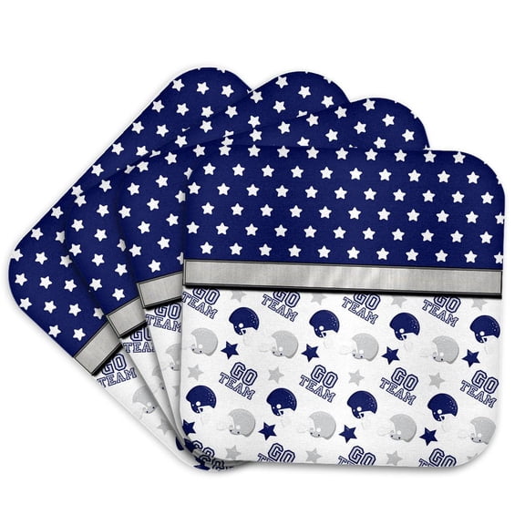3drose, Blue and White Go Team Football and Stars Pattern, Set of 4 Coasters - Soft