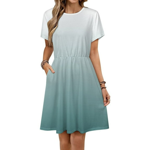 Blue And White Gradient Dress Summer Street Style Dresses Female Short Sleeve Printed Sundress