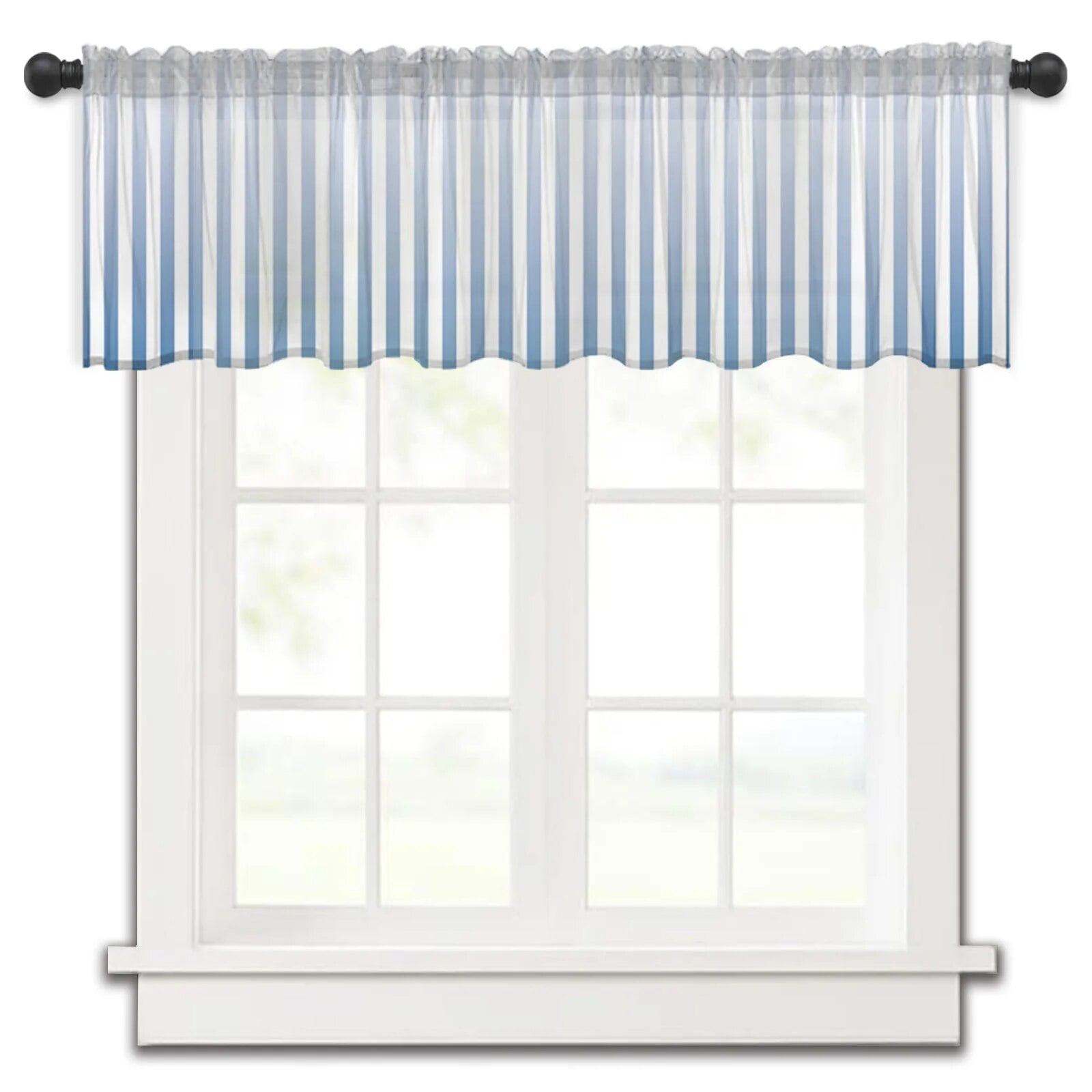 Blue And White Gradient Pinstripe Rod Pocket Short Curtain Half-Curtain ...