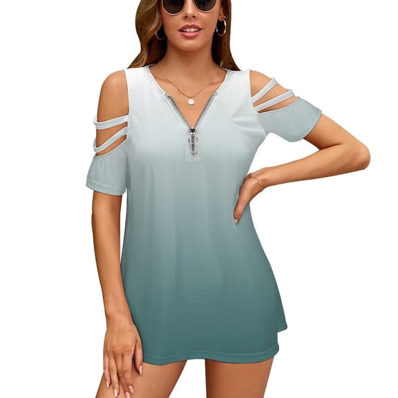 Blue And White Gradient Womens Summer V Neck Zipper Top Short Sleeve T Shirt Off Shoulder Top Casual Classy Loose Shirts