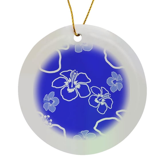 3drose, Blue and White Hawaiian Island Pattern of Hibiscus Flowers., Circle Porcelain Ornament