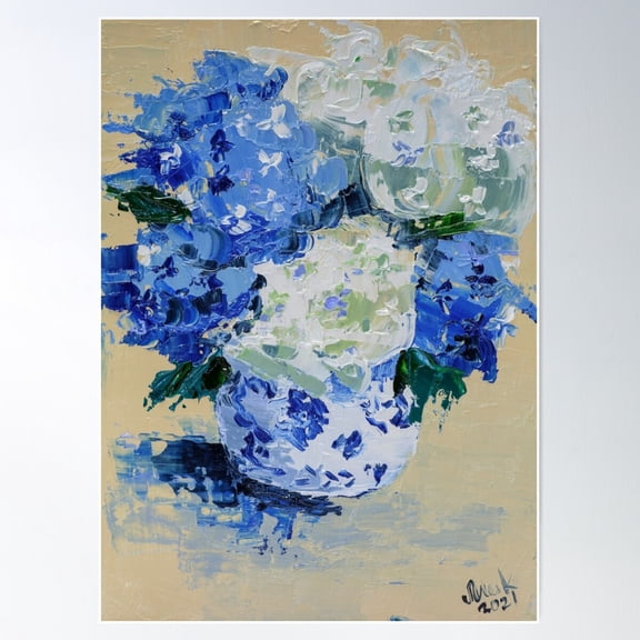 Blue And White Hydrangea Flowers Poster Wall Art, Modern Wall Decor For Living Room Bedroom, 12x18 UNFRAMED