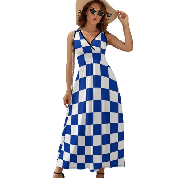 Blue And White Kentucky Checkerboard Dress Summer Street Style Bohemia Long Dresses Female Sleeveless Printed Maxi Dress