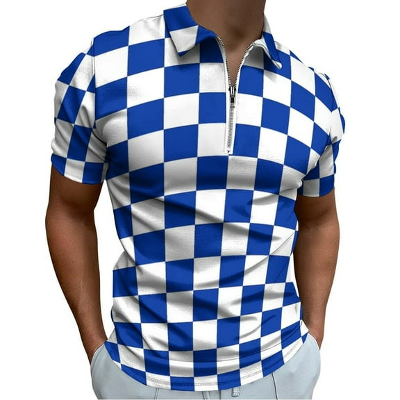 Blue And White Kentucky Checkerboard Men Zipper T-shirt Summer Casual Short Sleeve T-shirt Top