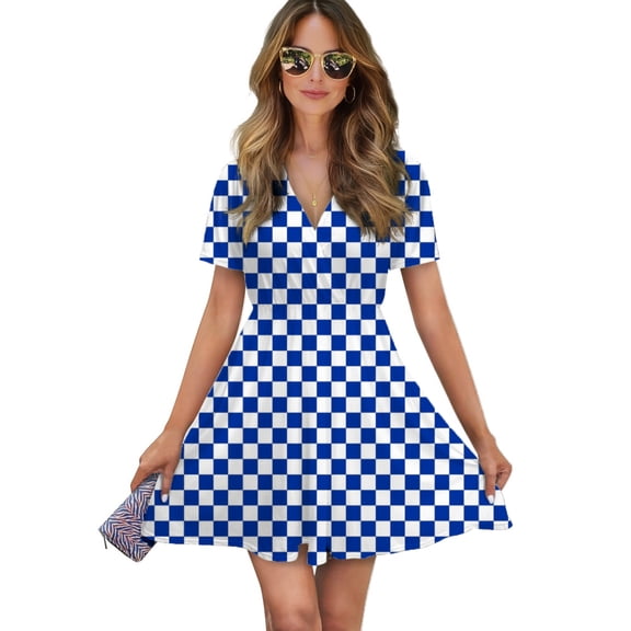 Blue And White Kentucky Checkerboard Women Dress V-Neck Short Sleeve Flowy Swing Party Midi Dress