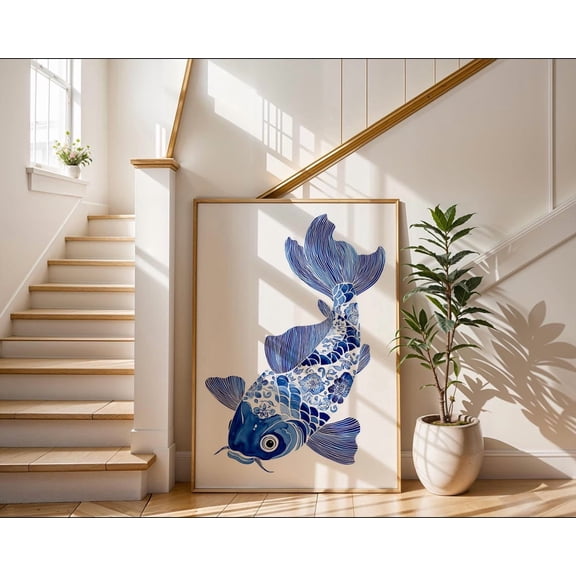 Blue And White Koi Art Chinoiserie Fish Print Traditional Chinese Decor Koi Blue Porcelain Style Wall Art Zen