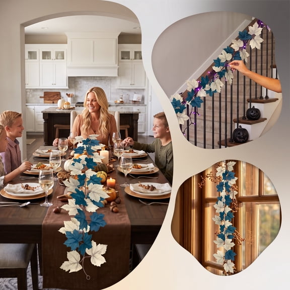 Blue And White Maple Leaf Garland, 40 Inch Autumn Decor, Plastic Fall Decoration for Halloween and Thanksgiving, Cozy Indoor Home Ambiance