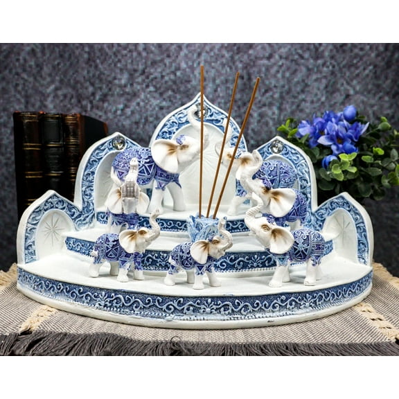 Blue And White Miniature Thai Elephants With Buddha Shrine Display Figurine Set