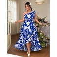 thumbnail image 1 of Blue And White Plus Size One-Shoulder A-Line Dress With Ruffle Hem And Tie Waist For Formal Evening Events, 1 of 4