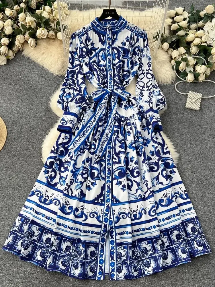 blue porcelain maxi dress OUTLET: Majolica Porcelain Blue Tiles print 100% cotton skirt, SIZE L main image 1