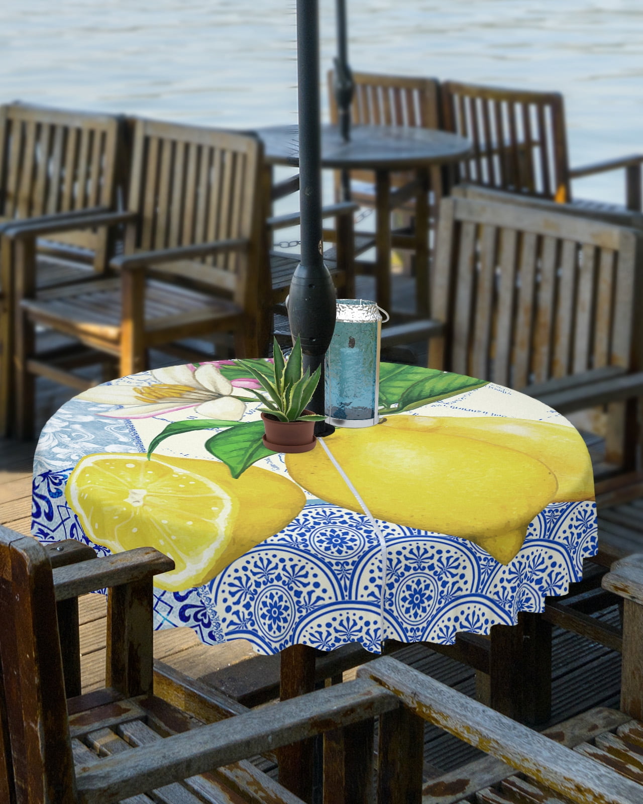 Blue And White Porcelain Texture Map Lemon Outdoor Tablecloth with