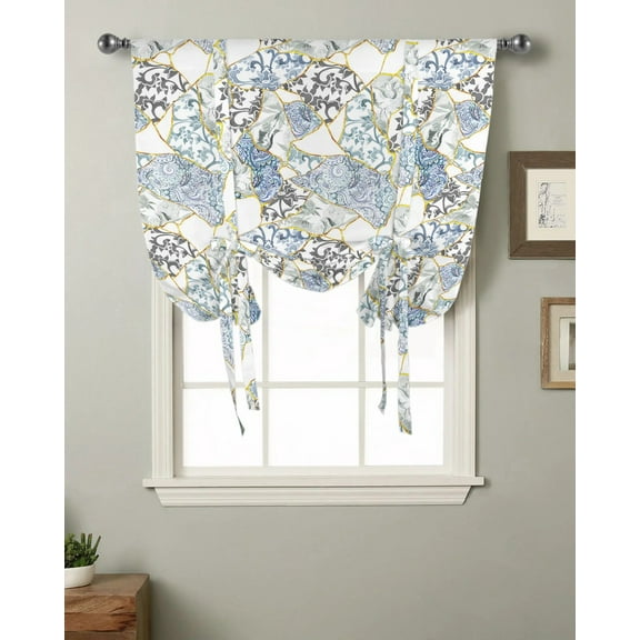 Blue And White Porcelain Texture Window Curtain for Living Room Roman Curtain Kitchen Tie-up Curtains Adjustable Drapes