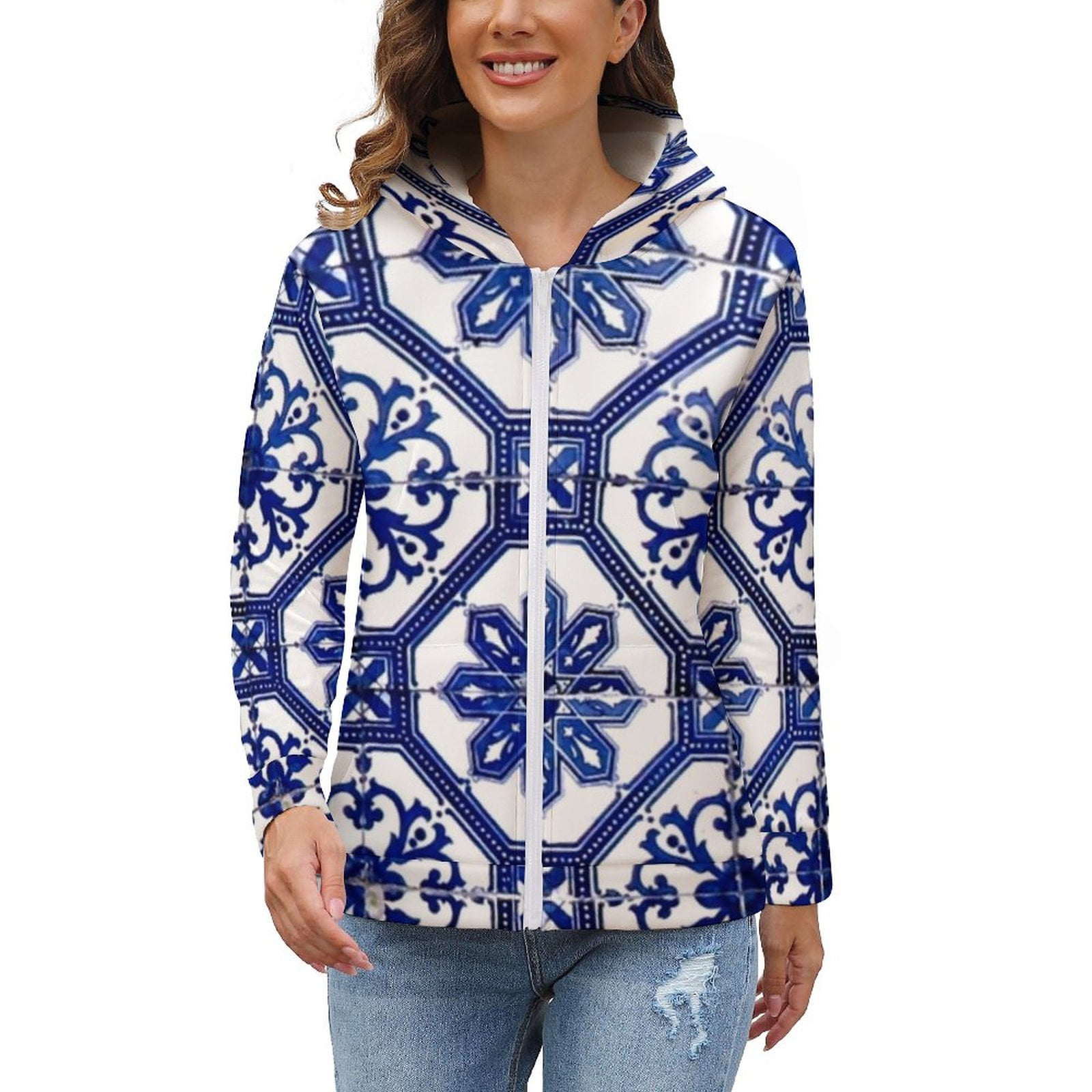 Blue And White Portuguese Tile Streetwear Hoodies Printed Women