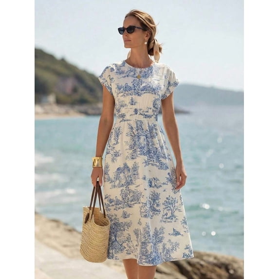 Blue And White Printed Ruched Waist Short Sleeve Midi Dress
