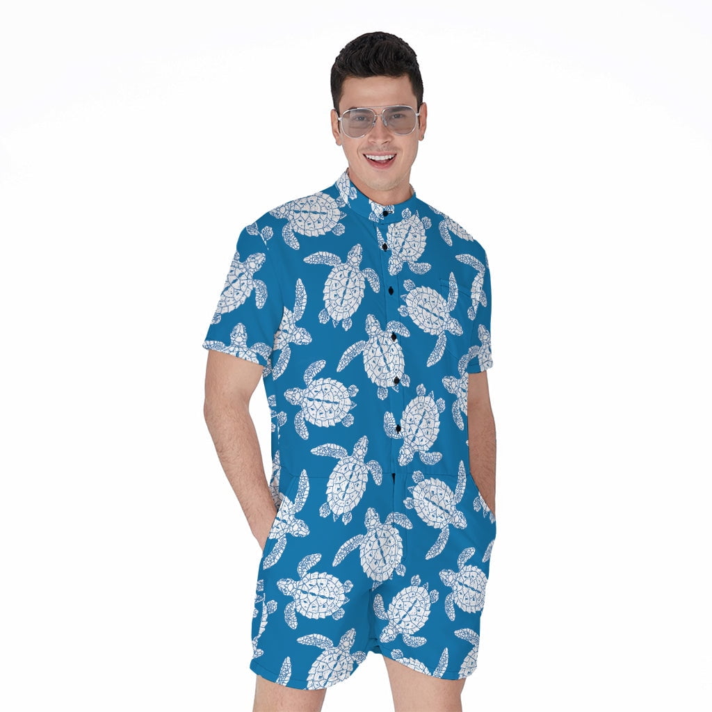 Blue And White Sea Turtle Pattern Short Sleeve Men #39 S Rompers Turtle Blue And White Sea Turtle Pattern Short Sleeve Men #39 S Rompers Turtle