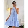 thumbnail image 1 of Blue And White Sleeveless Halter Neck Frill Trim Striped Vacation Dress For Women, 1 of 6