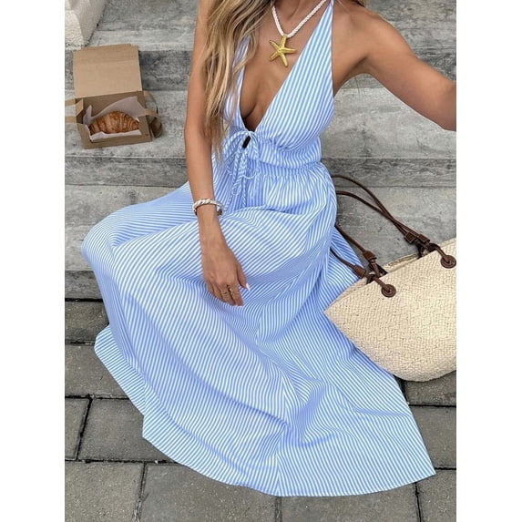 Blue And White Striped A-Line Halter Maxi Dress For Women Summer Vacation Sundress