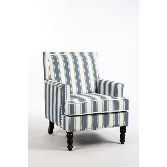 Blue And White Striped Linen Accent Chair For Living Room, Vintage Style With Nailhead Trim, Relaxing Upholstered Armchair Design Stable