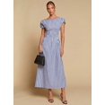 thumbnail image 1 of Blue And White Striped Off-Shoulder Cinched Waist Midi Dress For Women, 1 of 6