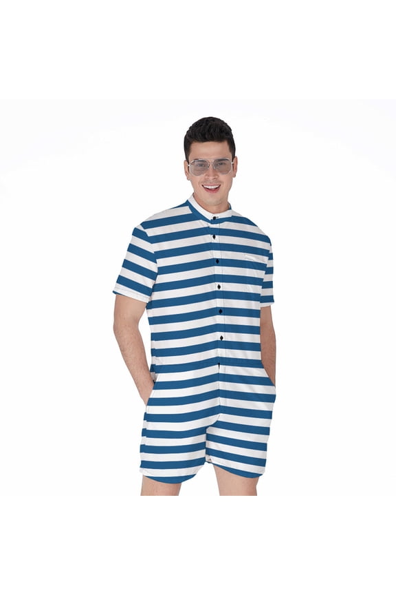 Blue And White Striped Pattern Short Sleeve Men'S Rompers Casual Summer Jumpsuits Outfit