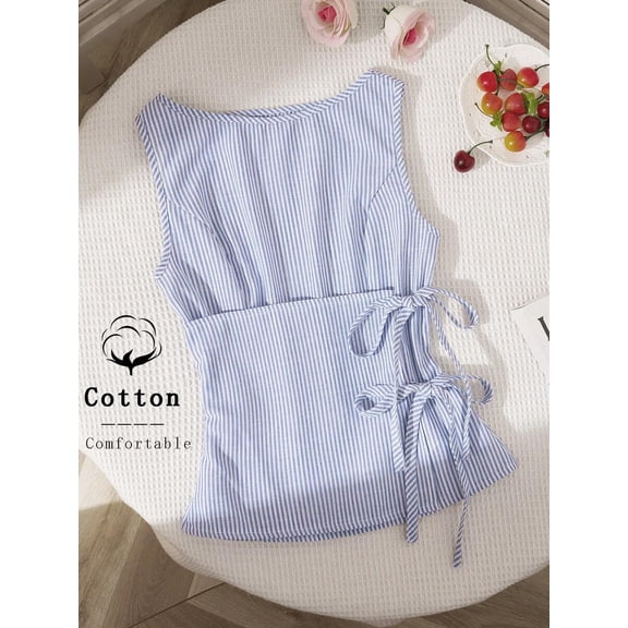 Blue And White Striped Sleeveless Top With Tie-Side Detail, Round Neck, Slim Fit Summer Blouse For Women