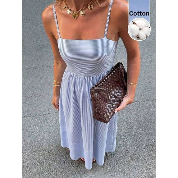 Blue And White Striped Spaghetti Strap A-Line Maxi Dress For Women, Square Neck Casual Vacation Sundress