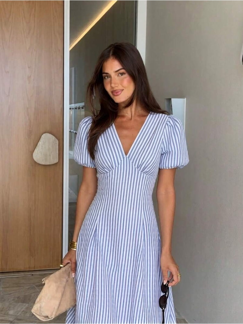 blue and white v neck dress Striped V-Neck Petal Sleeve Midi For Women while the back of