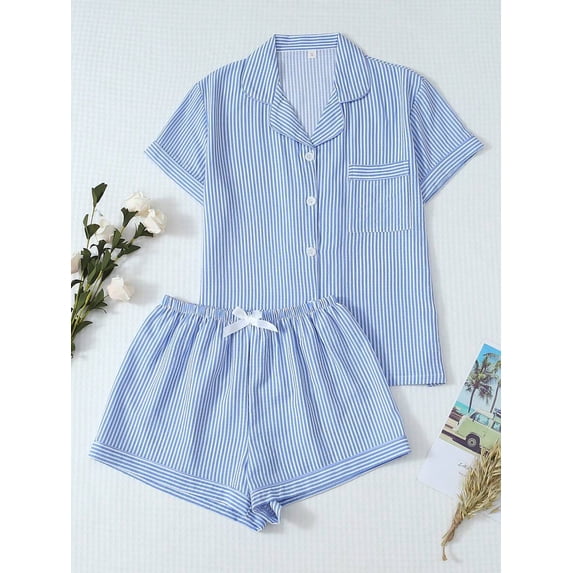Blue And White Striped Womens Pajama Set With Lapel Top And Bow Shorts