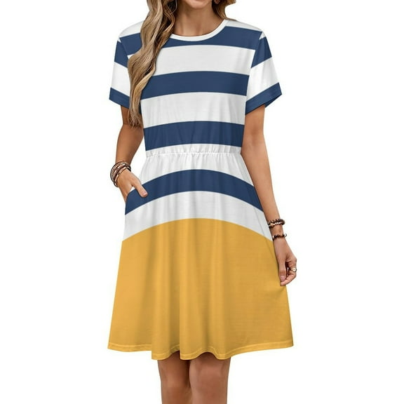 Blue And White Stripes with Yellow Women's Dress Short Sleeve Summer Sundress Summer Women Clothes