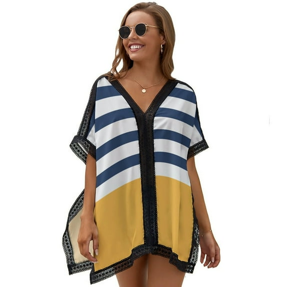 Blue And White Stripes with Yellow Women's Swimsuit Coverup Summer Beach Cover Up Bathing Suit Dress