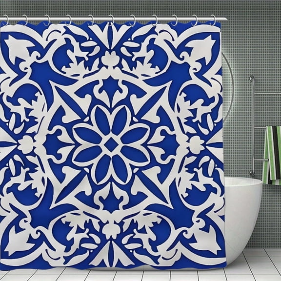 Blue And White Tile Pattern Print Shower Curtain,Modern Fabric Waterproof Shower Curtain Set with Hooks,70.8×70.8Inch