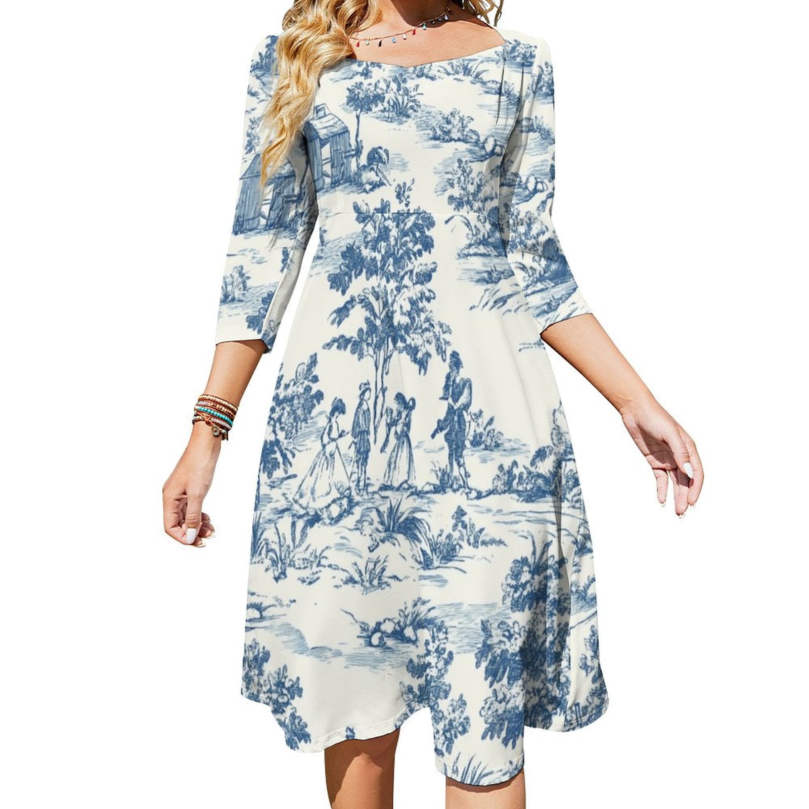 Spring Toile Blue Blue And White Toile De Jouy Print Sweetheart Knot Flared Dress Fashion ...