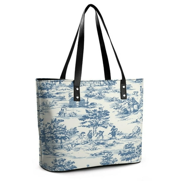 Blue And White Toile De Jouy Print Woman Leather Handbags Large Tote Bag Fashion Portable Handbags With Zipper