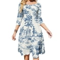 thumbnail image 1 of Blue And White Toile De Jouy Print Women's 3/4 Sleeve Dresses Elegant A-Line Midi Dress Flare Summer Casual Sundress, 1 of 9