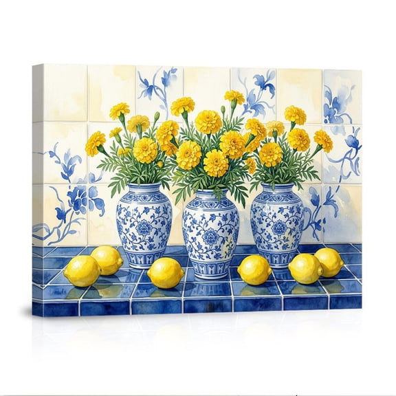 Blue And White Vase Yellow Marigold Lemon Mediterranean Floral Kitchen USA Made Canvas