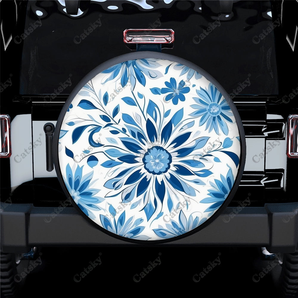 Blue And White Vintage Floral Polyester Universal Spare Wheel Tire