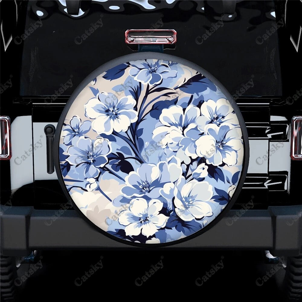 Blue And White Vintage Floral Polyester Universal Spare Wheel Tire