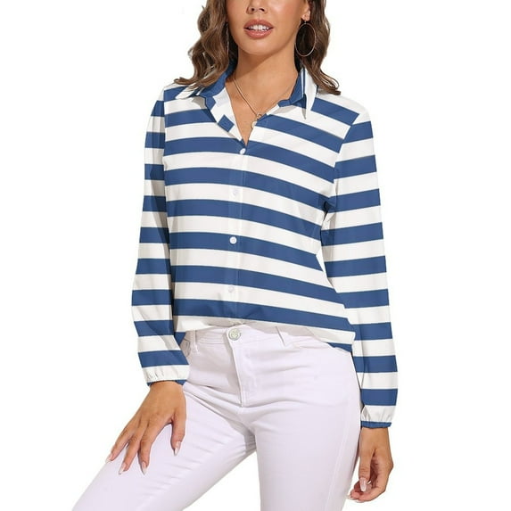 Blue And White Vintage Stripes Long Sleeve Blouse Woman Streetwear Casual Shirts Summer Oversize Woman Streetwear Clothing Birthday Present