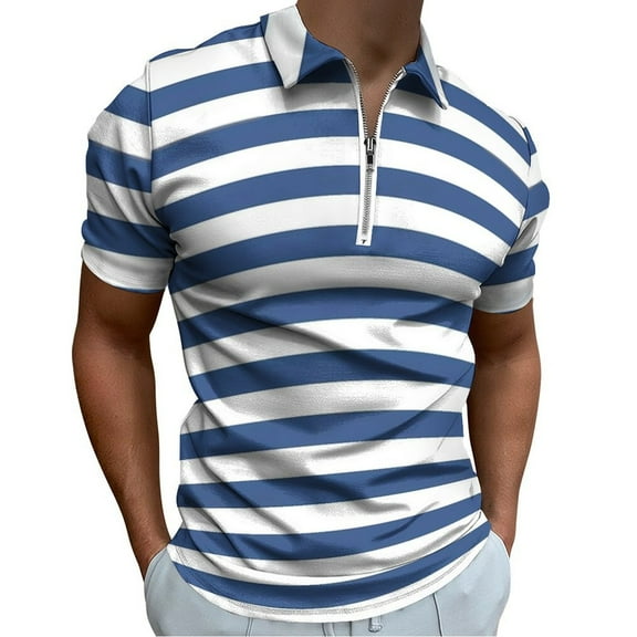 Blue And White Vintage Stripes Men Zipper T-shirt Summer Casual Short Sleeve T-shirt Top