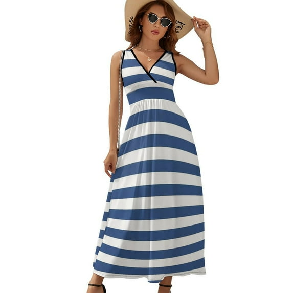 Blue And White Vintage Stripes Womens Night Club Maxi Dress V Neck Sleeveless Bohemia Long Dresses